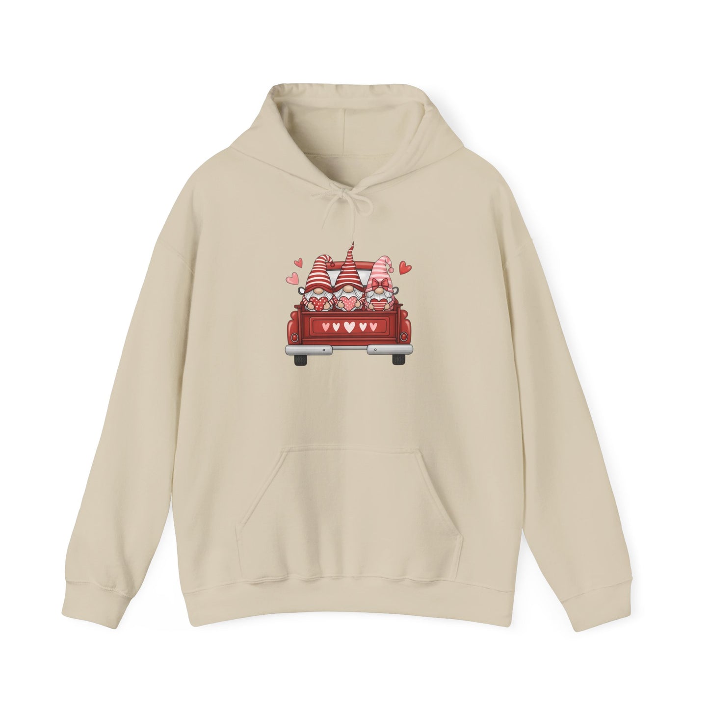 Valentine Gnome Hoodie – Cozy Love-Themed Graphic Hoodie with Red Truck Design