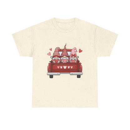 Valentine Gnome T-Shirt – Cute Love-Themed Graphic Tee with Red Truck Design
