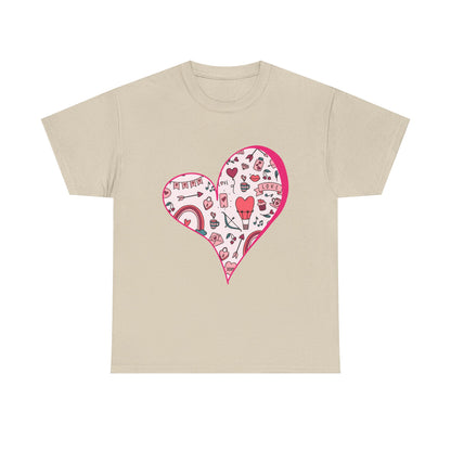 Valentine Heart Graphic T-Shirt – Cute Love-Themed Tee with Pink Doodle Design