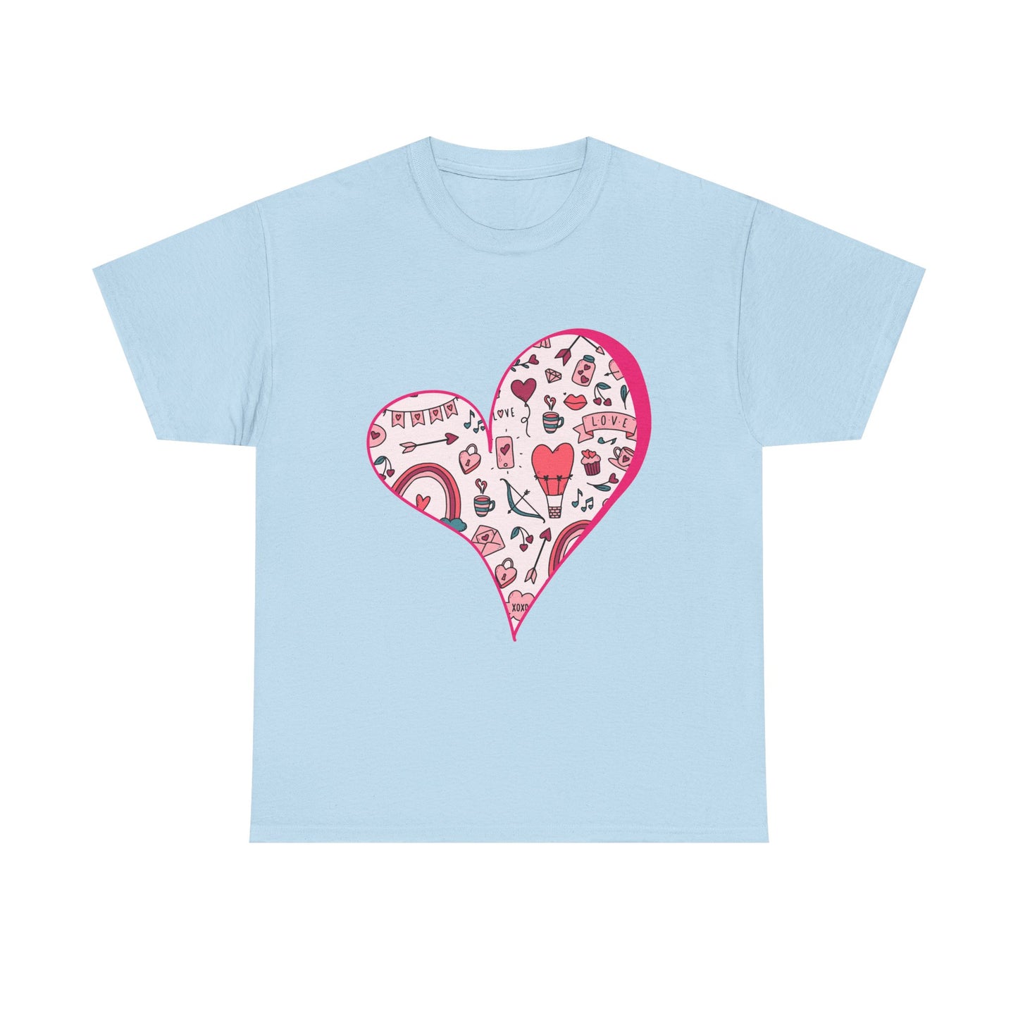 Valentine Heart Graphic T-Shirt – Cute Love-Themed Tee with Pink Doodle Design