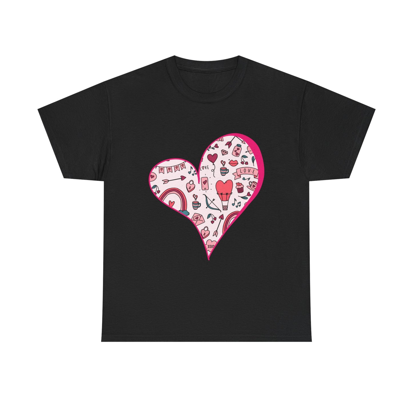 Valentine Heart Graphic T-Shirt – Cute Love-Themed Tee with Pink Doodle Design