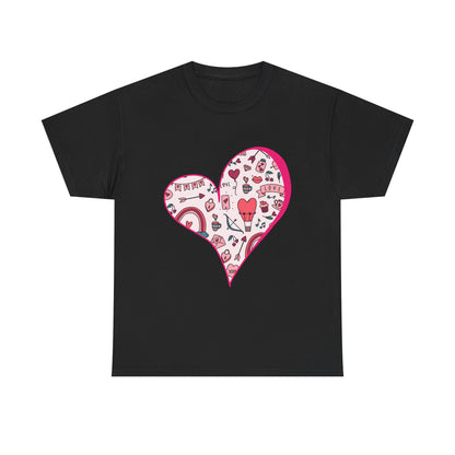 Valentine Heart Graphic T-Shirt – Cute Love-Themed Tee with Pink Doodle Design