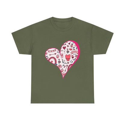 Valentine Heart Graphic T-Shirt – Cute Love-Themed Tee with Pink Doodle Design