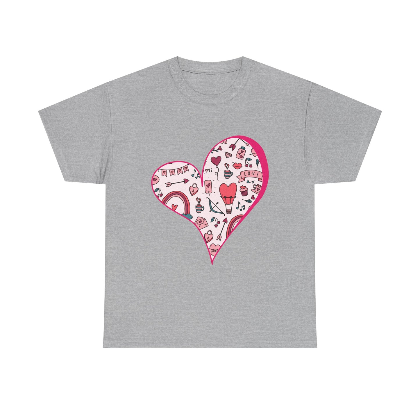 Valentine Heart Graphic T-Shirt – Cute Love-Themed Tee with Pink Doodle Design