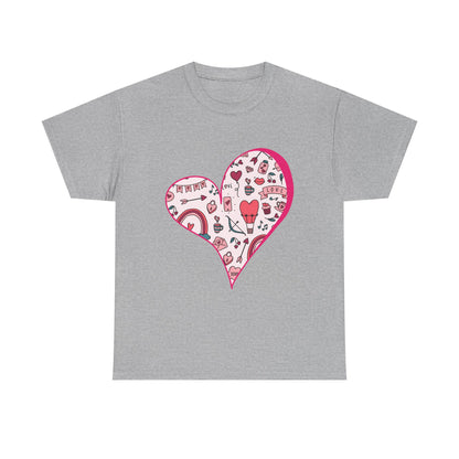 Valentine Heart Graphic T-Shirt – Cute Love-Themed Tee with Pink Doodle Design