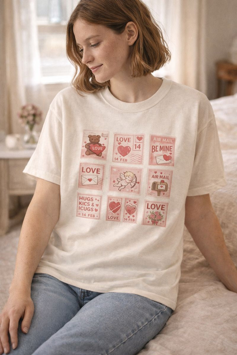 Wear Your Heart on Your Sleeve with the Vintage Valentine Stamp Collection T-Shirt