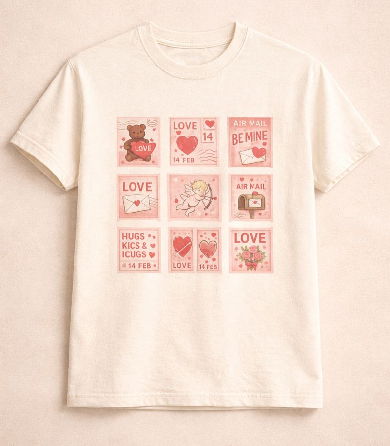Wear Your Heart on Your Sleeve with the Vintage Valentine Stamp Collection T-Shirt