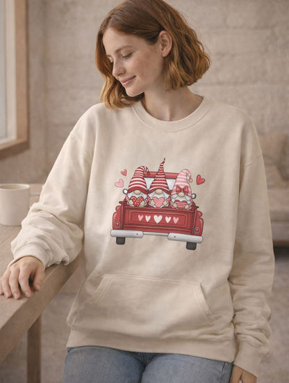 Valentine Gnome Sweatshirt – Cozy Love-Themed Pullover with Red Truck Design