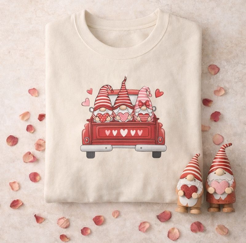 Valentine Gnome Sweatshirt – Cozy Love-Themed Pullover with Red Truck Design