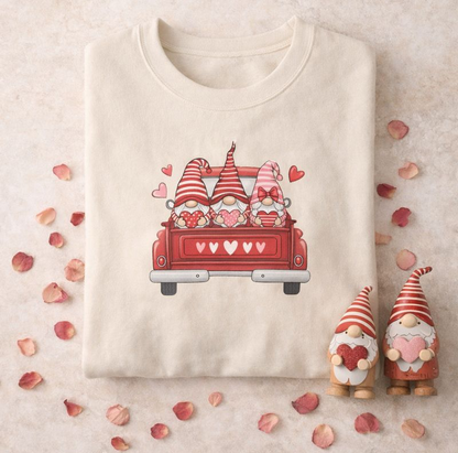 Valentine Gnome Sweatshirt – Cozy Love-Themed Pullover with Red Truck Design