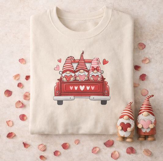 Valentine Gnome Sweatshirt – Cozy Love-Themed Pullover with Red Truck Design