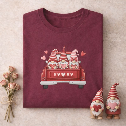 Valentine Gnome T-Shirt – Cute Love-Themed Graphic Tee with Red Truck Design