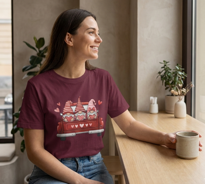 Valentine Gnome T-Shirt – Cute Love-Themed Graphic Tee with Red Truck Design