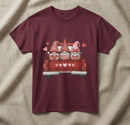 Valentine Gnome T-Shirt – Cute Love-Themed Graphic Tee with Red Truck Design