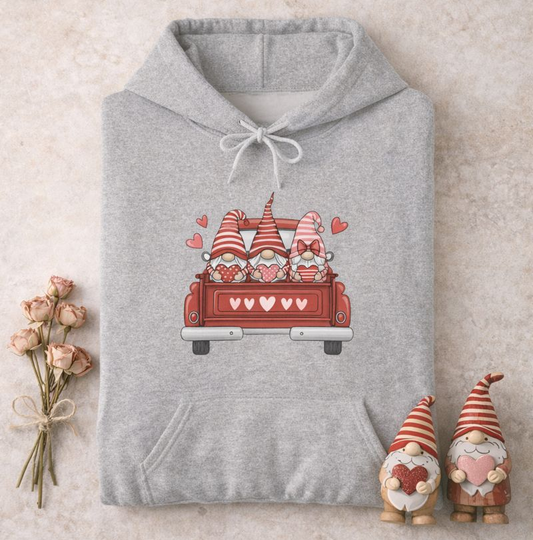 Valentine Gnome Hoodie – Cozy Love-Themed Graphic Hoodie with Red Truck Design