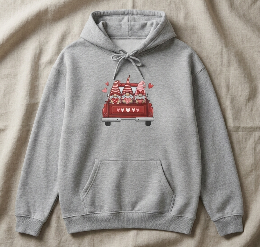 Valentine Gnome Hoodie – Cozy Love-Themed Graphic Hoodie with Red Truck Design