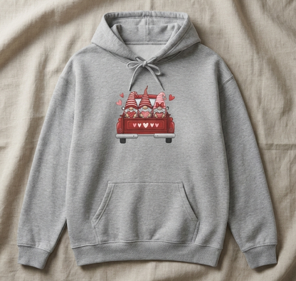 Valentine Gnome Hoodie – Cozy Love-Themed Graphic Hoodie with Red Truck Design