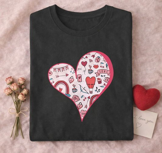 Valentine Heart Graphic T-Shirt – Cute Love-Themed Tee with Pink Doodle Design