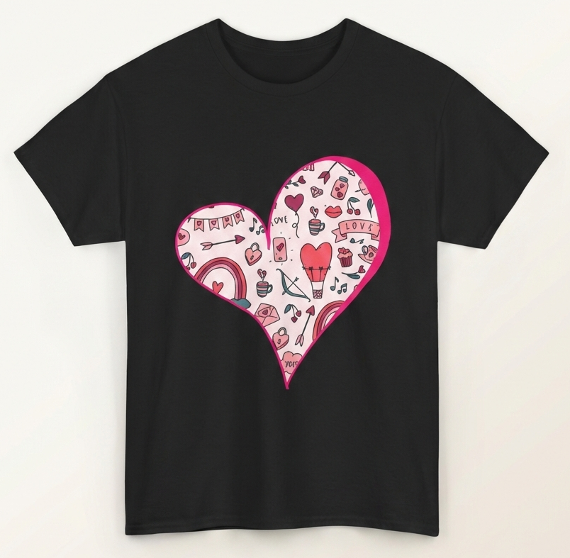Valentine Heart Graphic T-Shirt – Cute Love-Themed Tee with Pink Doodle Design