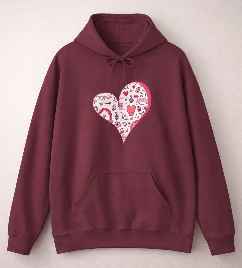 Valentine Heart Hoodie – Cozy Love Doodle Pullover for Everyday Comfort