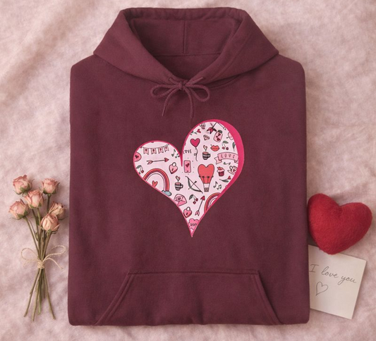 Valentine Heart Hoodie – Cozy Love Doodle Pullover for Everyday Comfort