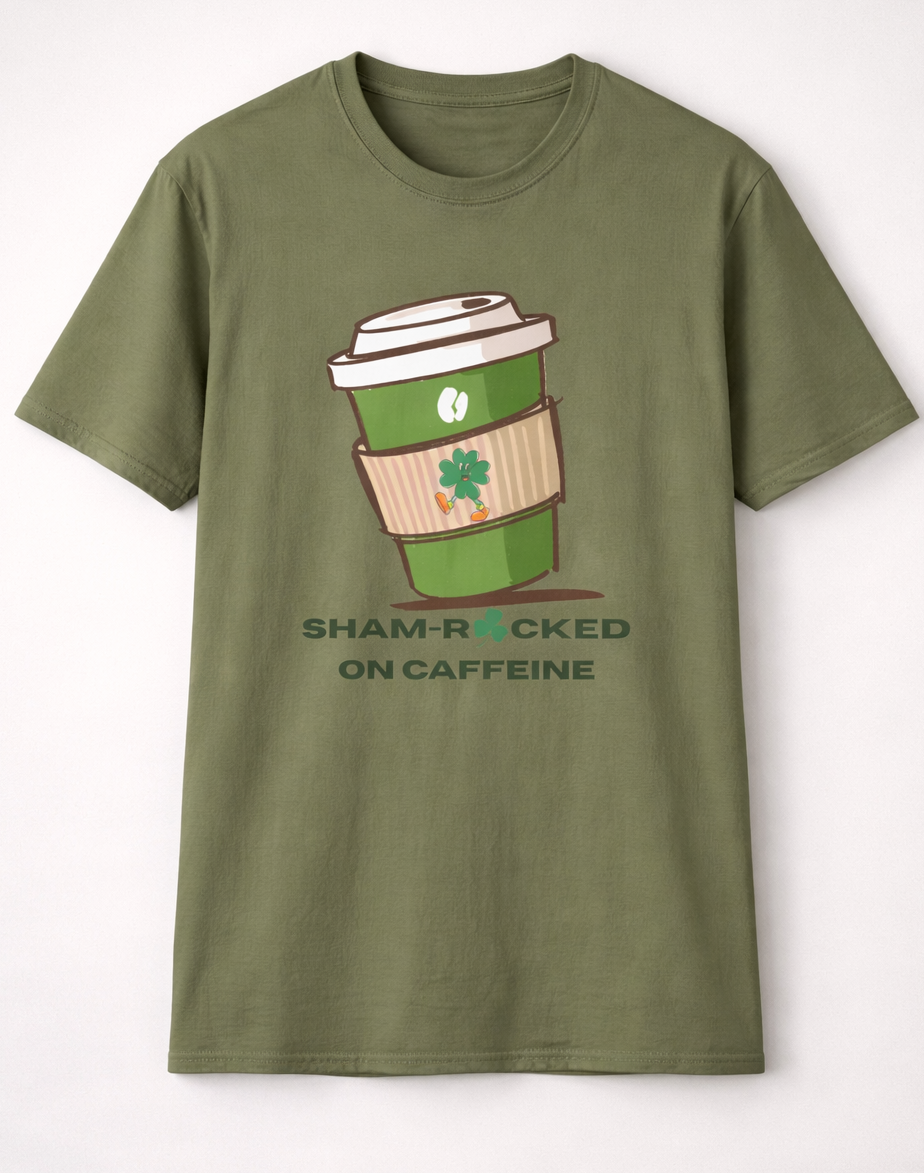 Sham-Rocked on Caffeine T-Shirt – Funny St. Patrick’s Day Coffee Shirt