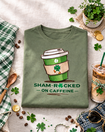 Sham-Rocked on Caffeine T-Shirt – Funny St. Patrick’s Day Coffee Shirt
