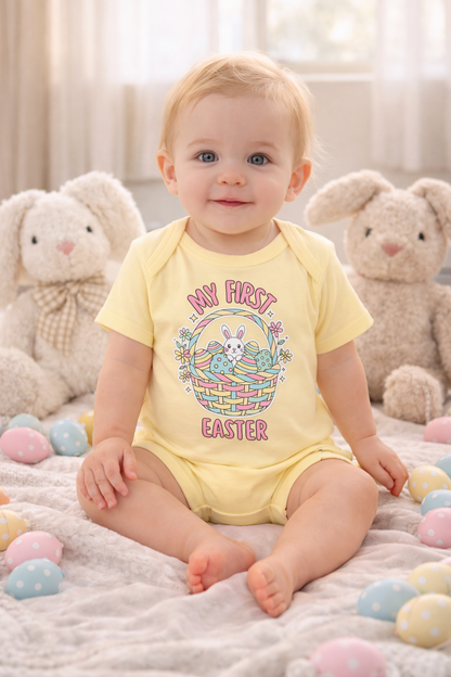 My First Easter Baby Bodysuit – Bunny Basket Onesie, Infant Easter Outfit, Newborn First Easter Gift, Spring Baby Clothes
