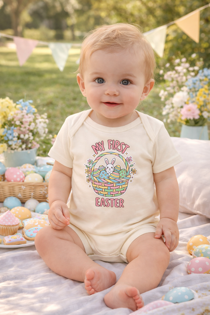My First Easter Baby Bodysuit – Bunny Basket Onesie, Infant Easter Outfit, Newborn First Easter Gift, Spring Baby Clothes