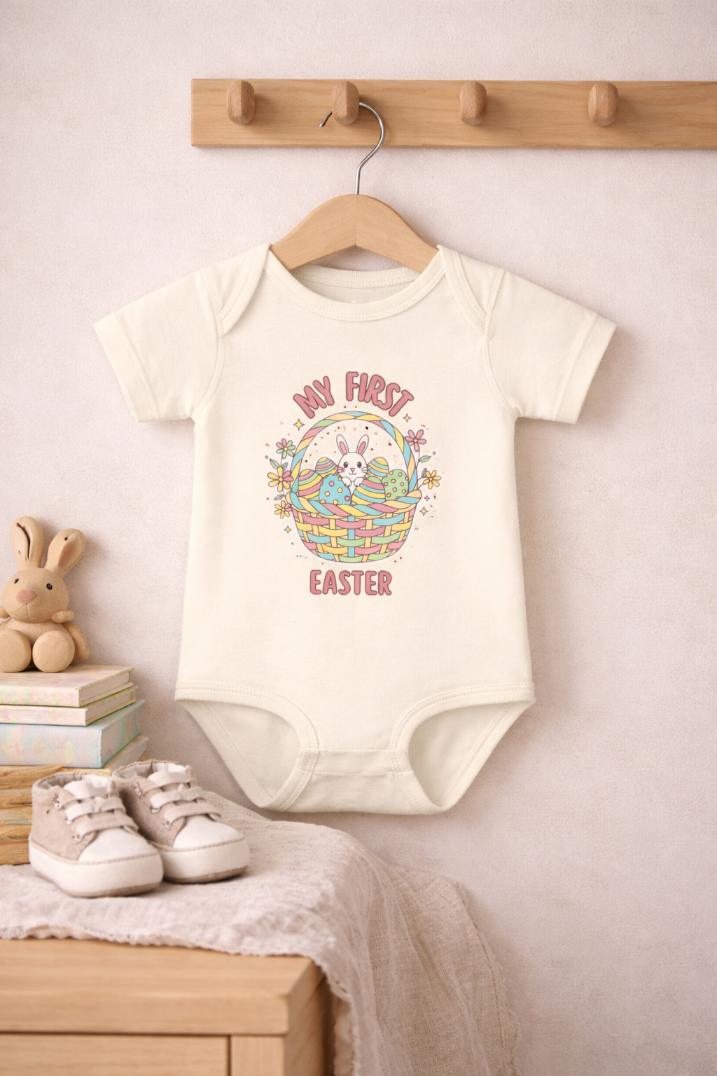 My First Easter Baby Bodysuit – Bunny Basket Onesie, Infant Easter Outfit, Newborn First Easter Gift, Spring Baby Clothes