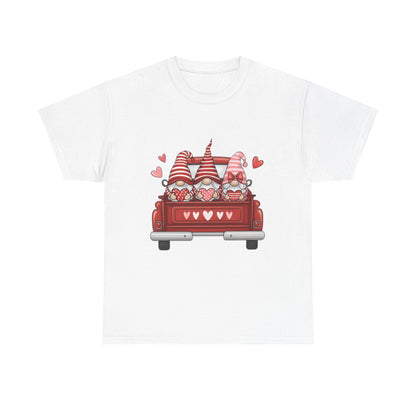 Valentine Gnome T-Shirt – Cute Love-Themed Graphic Tee with Red Truck Design