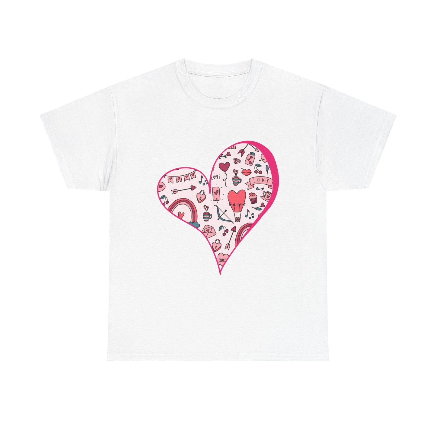 Valentine Heart Graphic T-Shirt – Cute Love-Themed Tee with Pink Doodle Design