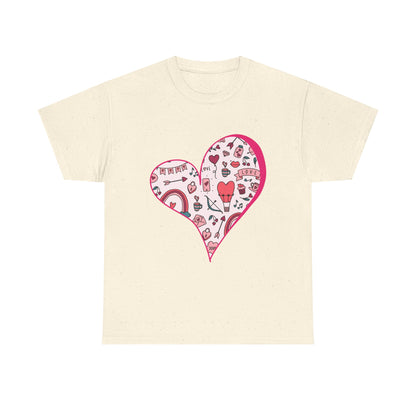 Valentine Heart Graphic T-Shirt – Cute Love-Themed Tee with Pink Doodle Design