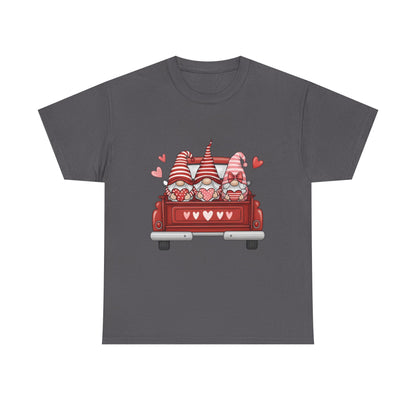 Valentine Gnome T-Shirt – Cute Love-Themed Graphic Tee with Red Truck Design