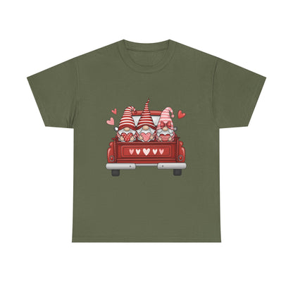 Valentine Gnome T-Shirt – Cute Love-Themed Graphic Tee with Red Truck Design