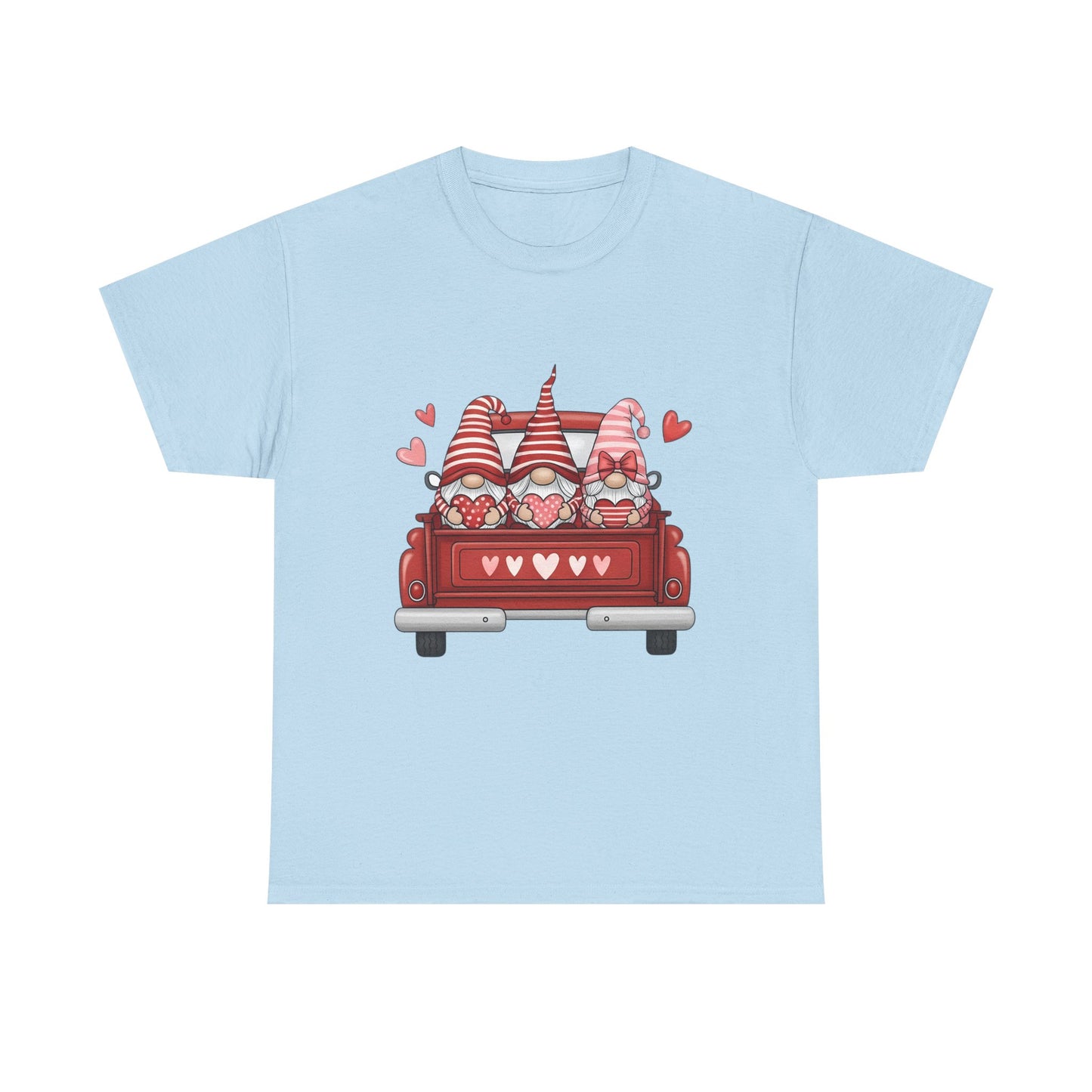 Valentine Gnome T-Shirt – Cute Love-Themed Graphic Tee with Red Truck Design