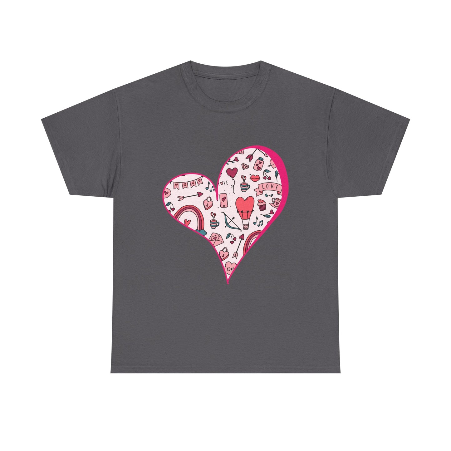 Valentine Heart Graphic T-Shirt – Cute Love-Themed Tee with Pink Doodle Design