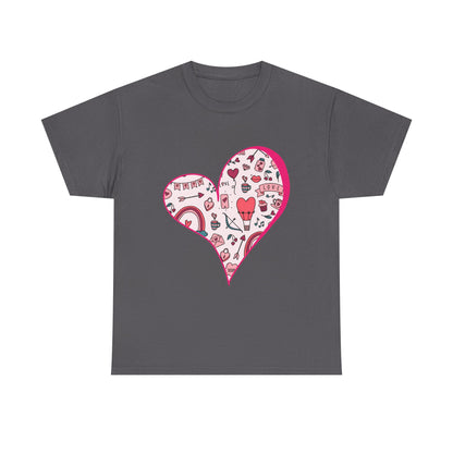 Valentine Heart Graphic T-Shirt – Cute Love-Themed Tee with Pink Doodle Design
