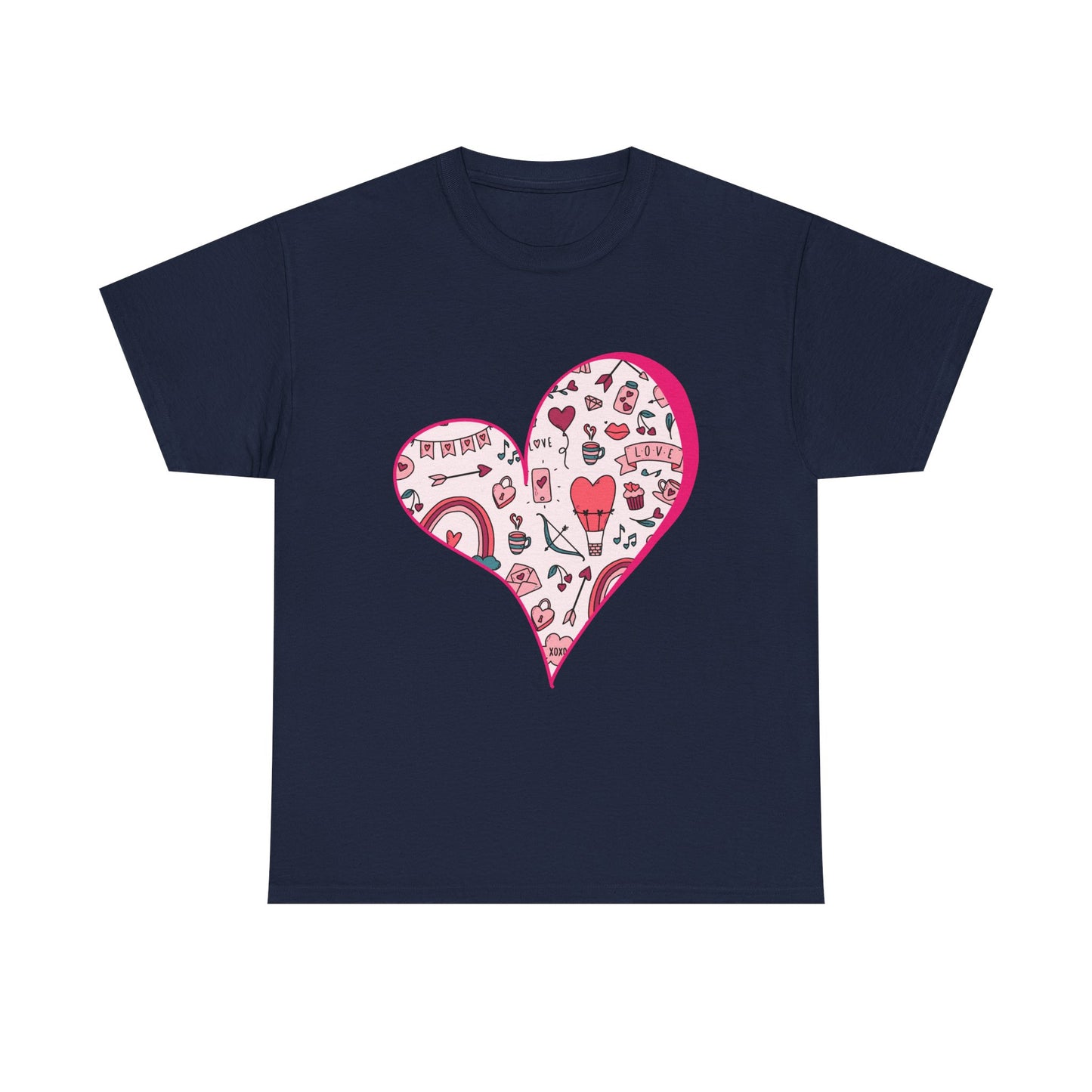 Valentine Heart Graphic T-Shirt – Cute Love-Themed Tee with Pink Doodle Design