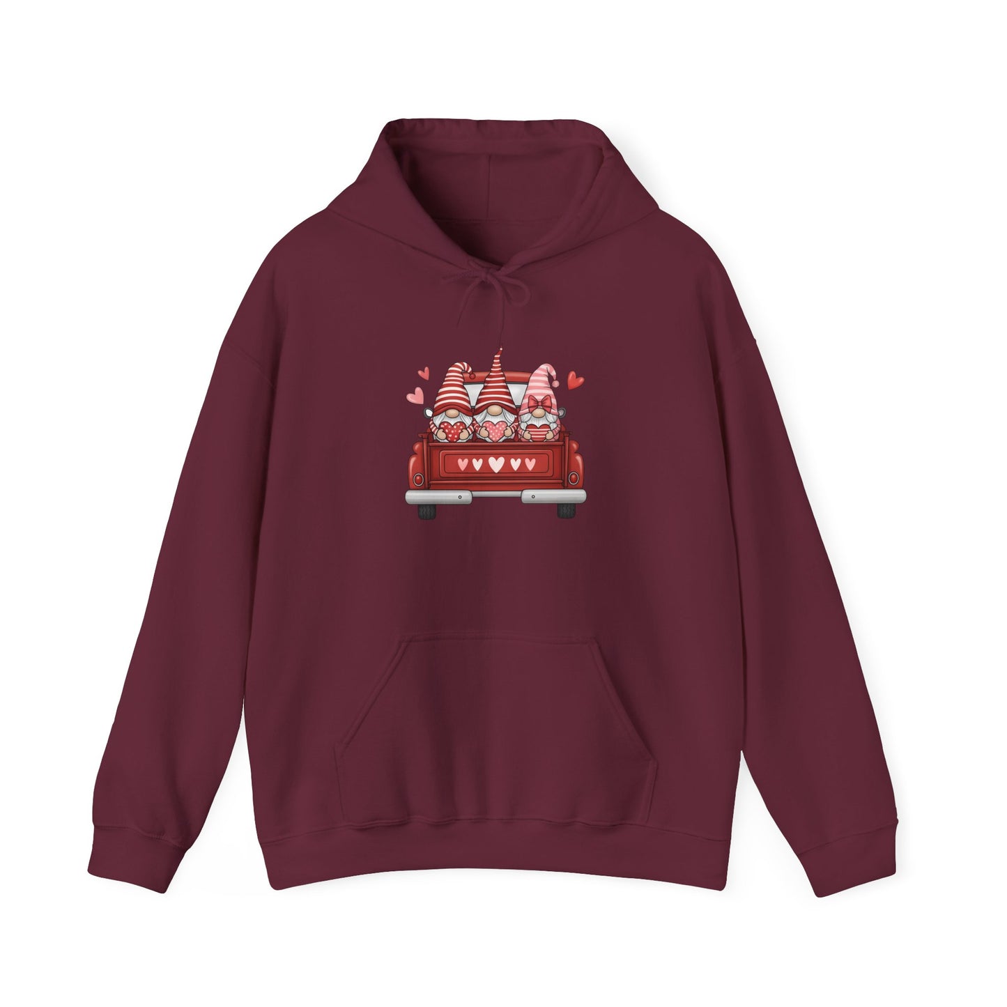 Valentine Gnome Hoodie – Cozy Love-Themed Graphic Hoodie with Red Truck Design