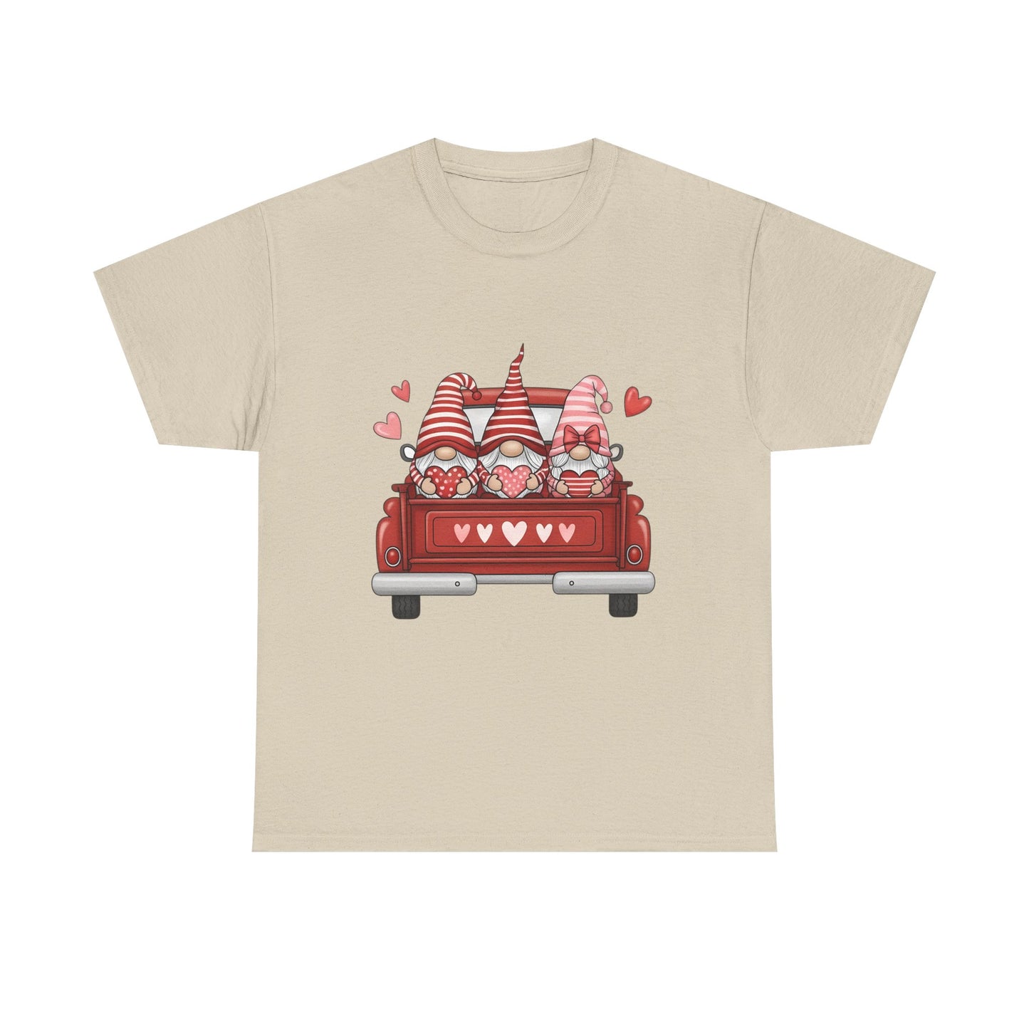 Valentine Gnome T-Shirt – Cute Love-Themed Graphic Tee with Red Truck Design