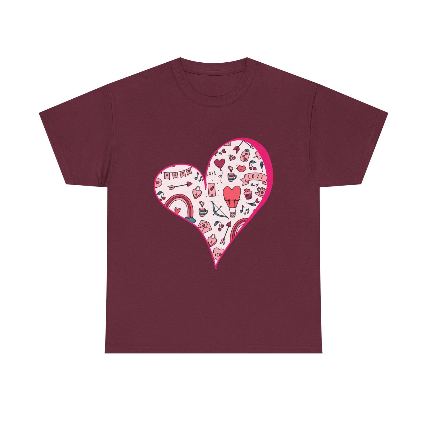 Valentine Heart Graphic T-Shirt – Cute Love-Themed Tee with Pink Doodle Design